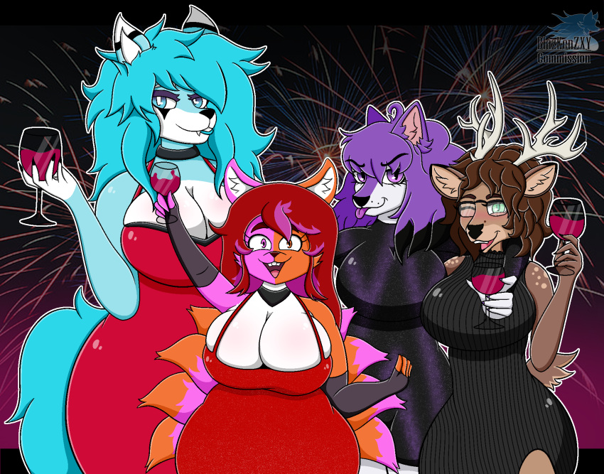 2024 anthro antlers big_breasts blazkenzxy blue_body blue_eyes blue_fur blue_hair breasts brown_body brown_fur brown_hair canid canine canis celebration cleavage cleavage_overflow cloth clothed clothing container cup deer digital_drawing_(artwork) digital_media_(artwork) dress drinking_glass eyewear female fireworks fox fur glass glass_container glass_cup glasses green_eyes group hair heterochromia hi_res holding_object horn looking_at_viewer mammal multicolored_body multicolored_fur open_mouth orange_body orange_eyes orange_fur pink_body pink_eyes pink_fur purple_eyes purple_hair signature simple_background smile taur tongue tongue_out two_tone_body two_tone_fur white_body white_fur wine_glass wolf