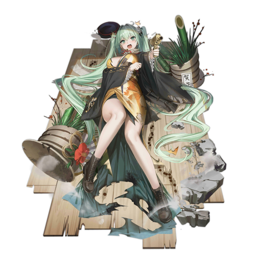 1girl @_@ ^^^ aiming aiming_at_viewer bamboo black_haori black_headwear blush boots breasts broken brown_footwear bullet_hole cleavage cross-laced_footwear floral_print_kimono flower full_body girls'_frontline green_eyes green_hair gun hair_between_eyes hair_ribbon hat highres holding holding_gun holding_weapon japanese_clothes kadomatsu kimono lace-up_boots large_breasts long_hair long_sleeves looking_at_viewer lying micro_uzi micro_uzi_(girls'_frontline) micro_uzi_(new_maple_silhouette)_(girls'_frontline) no_socks obi official_alternate_costume official_art on_back on_floor open_mouth red_flower red_ribbon renlili ribbon rubble sash scarf simple_background smoke solo third-party_source torn_clothes torn_kimono translation_request transparent_background trembling twintails unworn_hat unworn_headwear v-shaped_eyebrows very_long_hair weapon white_scarf wooden_floor yellow_kimono yellow_sash