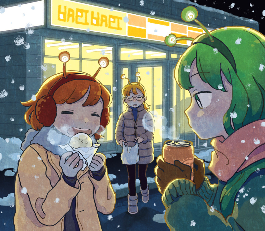 3girls bag brown_gloves character_request closed_eyes convenience_store drinking eating gloves green_eyes green_hair green_headwear green_jacket happy jacket monaka_(siromona) multiple_girls open_clothes open_jacket open_mouth orange_hair original outdoors plastic_bag red_hair red_headwear red_scarf scarf shop short_hair snow snowing white_scarf winter winter_clothes yellow_headwear yellow_jacket