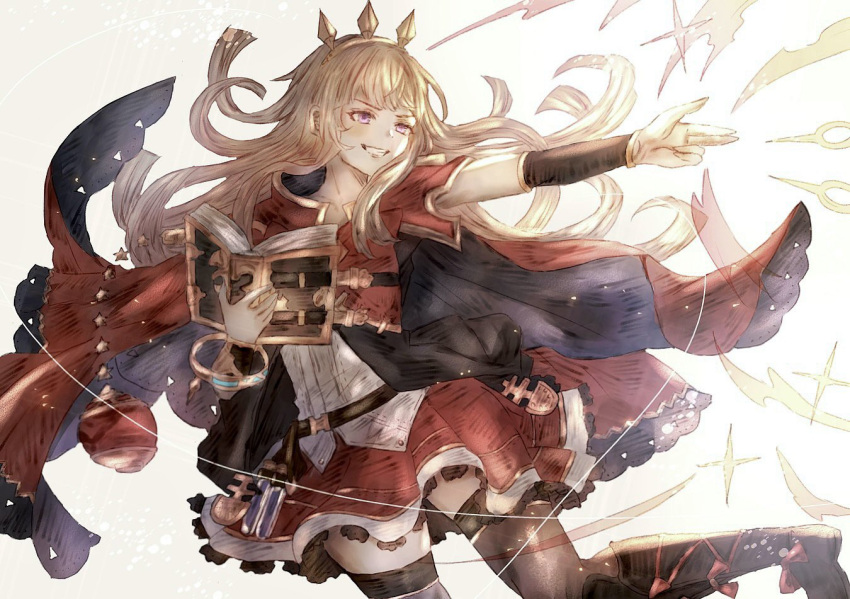 1girl arm_up belt black_thighhighs blonde_hair blunt_bangs book boots bracelet breasts cagliostro_(granblue_fantasy) cape cowboy_shot fighting_stance finger_gun floating_cape floating_clothes floating_hair frilled_skirt frills granblue_fantasy grin hairband holding holding_book jewelry knee_boots leg_up light light_particles long_hair looking_to_the_side magic muramitsu_(d3jgv) open_book potion purple_eyes red_cape shirt sidelocks skirt small_breasts smile smug solo solo_focus spiked_hairband spikes splatter thighhighs tiara white_background white_shirt