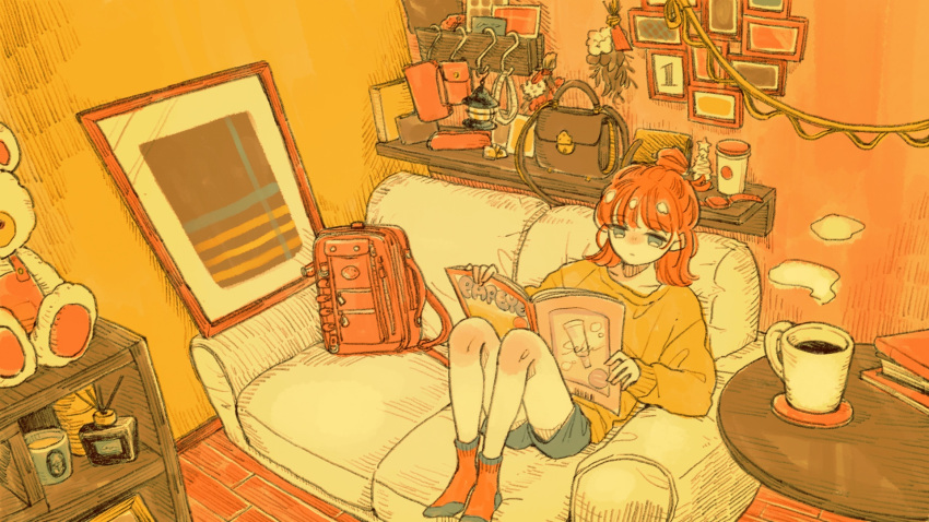 1girl backpack bag blue_eyes blue_shorts coach coffee couch highres indoors magazine_(object) orange_hair orange_sweater original picture_frame port_(portzzz) procreate_(medium) reading red_socks scenery shorts socks stuffed_animal stuffed_toy sweater teddy_bear wooden_floor