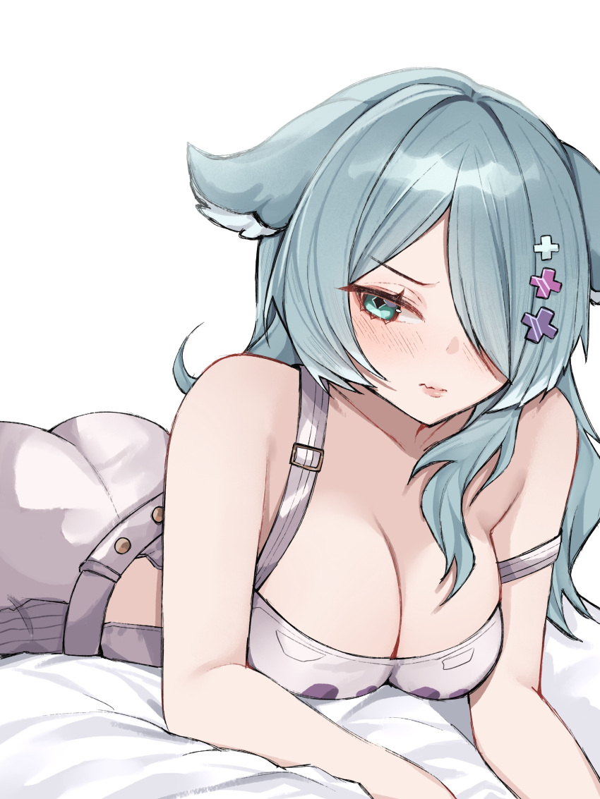 1girl absurdres aqua_eyes blue_hair blue_wings blush breasts cleavage elira_pendora hair_over_one_eye head_wings highres large_breasts long_hair miclipse nijisanji nijisanji_en overalls pout simple_background solo virtual_youtuber white_background wings
