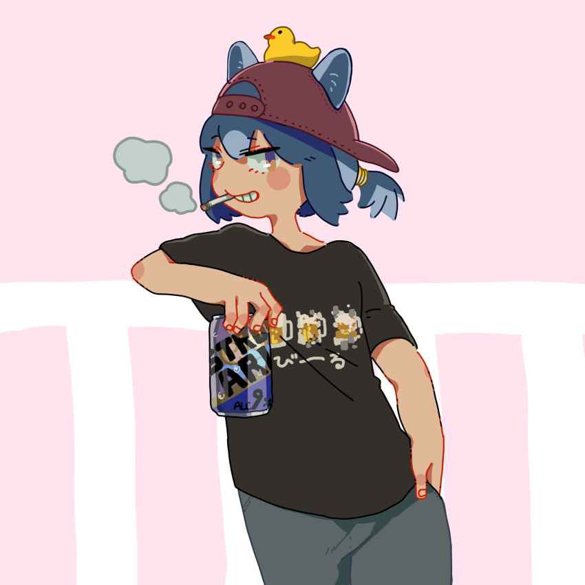 1girl against_railing alternate_costume animal_ears backwards_hat baseball_cap black_hair black_shirt blush_stickers brand_name_imitation can cigarette common_raccoon_(kemono_friends) cowboy_shot ears_through_headwear elbow_rest grey_hair grey_pants grin hand_in_pocket hanpen_(higepiyo) hat highres holding holding_can kemono_friends leaning_to_the_side mouth_hold multicolored_hair object_on_head pants pink_background print_shirt raccoon_ears railing rubber_duck shirt short_ponytail simple_background smile smoking solo standing strong_zero t-shirt two-tone_hair yellow_eyes