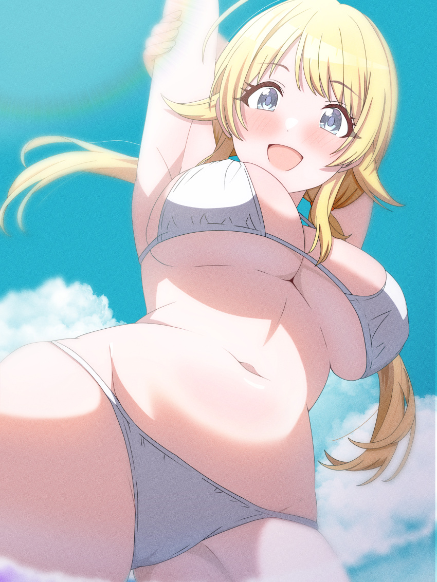 1girl absurdres ahoge armpits arms_up bikini blonde_hair blush breasts from_below groin hachimiya_meguru highres holding_own_arm idolmaster idolmaster_shiny_colors large_breasts lens_flare linea_alba looking_at_viewer musha_no_kozi navel smile solo stomach string_bikini swimsuit twintails underboob white_bikini