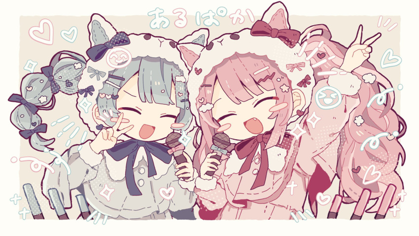&gt;_&lt; 2girls animal_hood blue_bow blue_bowtie blue_dress blue_hair blush_stickers border bow bowtie brown_background capelet closed_eyes commentary dress glowstick heart highres holding holding_microphone hood kanato345 long_hair microphone multiple_girls music open_mouth original pink_bow pink_bowtie pink_dress pink_hair simple_background singing smiley_face translated twintails upper_body v wavy_hair white_hood