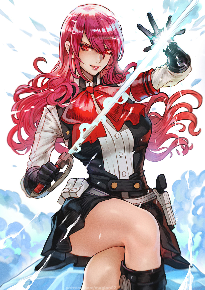 black_gloves buttons commentary_request crossed_legs english_text eyelashes gloves hair_between_eyes highres holding holding_sword holding_weapon kirijou_mitsuru long_hair magion02 on_ice parted_lips persona persona_3 persona_3_reload red_eyes red_hair red_lips sitting smile solo sword wavy_hair weapon