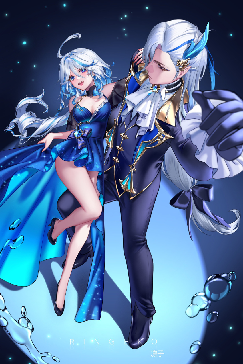 1boy 1girl :d absurdres ahoge ascot bare_legs bare_shoulders black_footwear blue_dress blue_eyes blue_gloves blue_hair blue_pants commentary_request dress furina_(genshin_impact) genshin_impact gloves high_heels highres long_hair looking_at_viewer multicolored_hair neuvillette_(genshin_impact) no_headwear off-shoulder_dress off_shoulder open_mouth pants ringeko-chan shoes short_sleeves smile streaked_hair thighs very_long_hair white_ascot white_hair