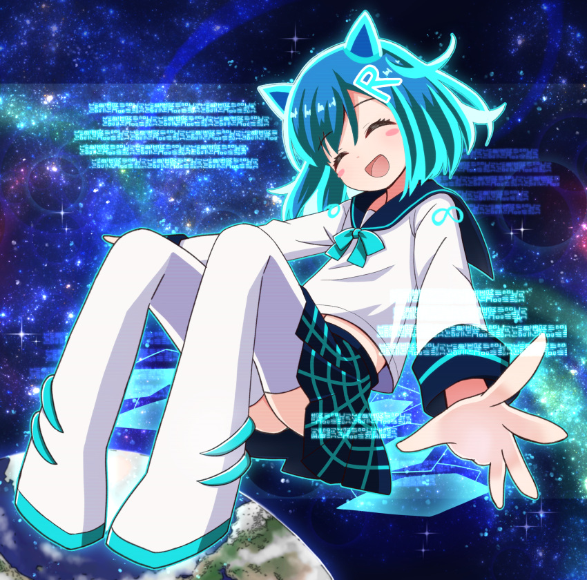 1girl blue_hair blue_ribbon blue_sailor_collar blurry blush_stickers bob_cut bokeh boots closed_eyes commentary_request depth_of_field earth_(planet) facing_viewer fake_text floating floating_hair full_body glowing glowing_hair grid_print hair_horns head_tilt highres hologram knees_up letter_hair_ornament long_sleeves midriff_peek navel neck_ribbon pigeon-toed planet pleated_skirt print_skirt rain_(zakuzaku_actors) ribbon sailor_collar scanlines shirt skirt sky smile solo space star_(sky) starry_sky thigh_boots white_footwear white_shirt yukinagi zakuzaku_actors