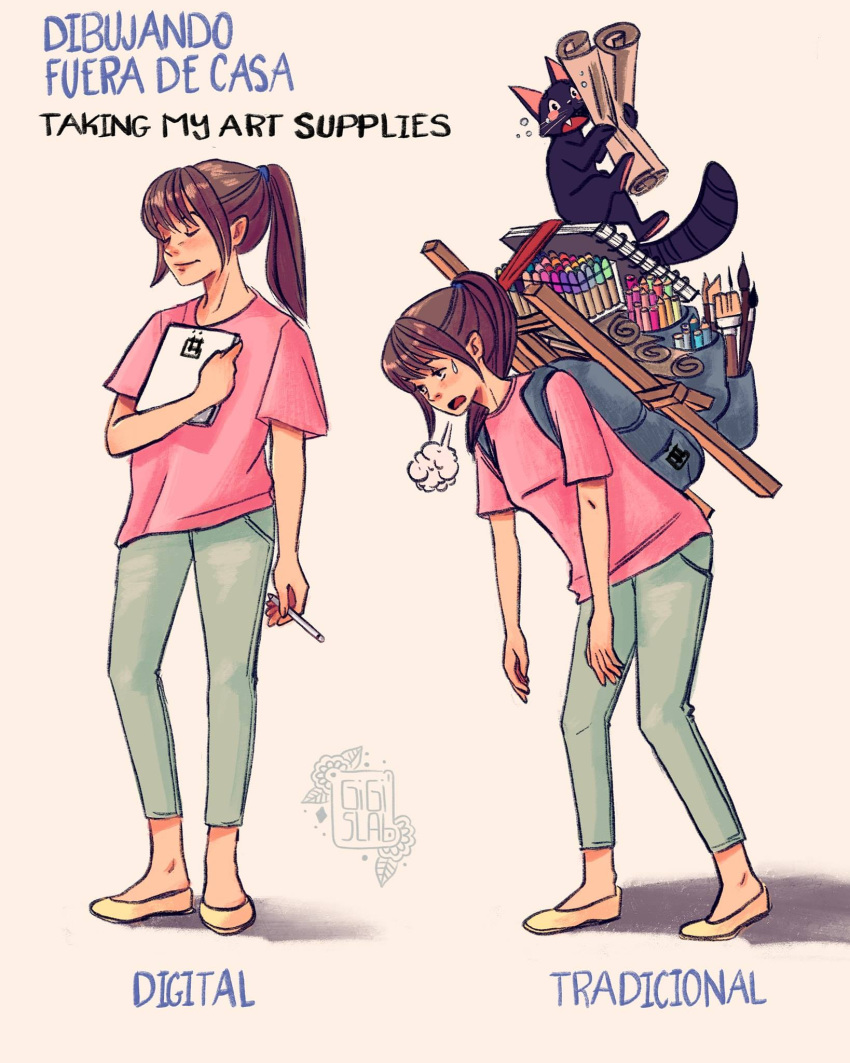 1girl artist_self-insert backpack bag brown_eyes brown_hair capri_pants cat colored_pencil commentary_request english_text flats gigis_lab green_pants highres holding holding_stylus holding_tablet_pc kiki_(gigis_lab) marker mixed-language_text original paintbrush pants pencil pink_shirt ponytail shirt signature sketchbook spanish_commentary spanish_text stylus sweatdrop tablet_pc