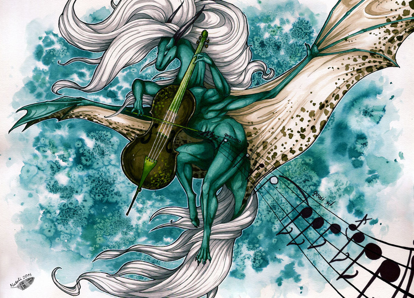 2014 dragon eyes_closed feral hair membranous_wings musical_instrument musical_note natoli nude smile traditional_media_(artwork) white_hair wings