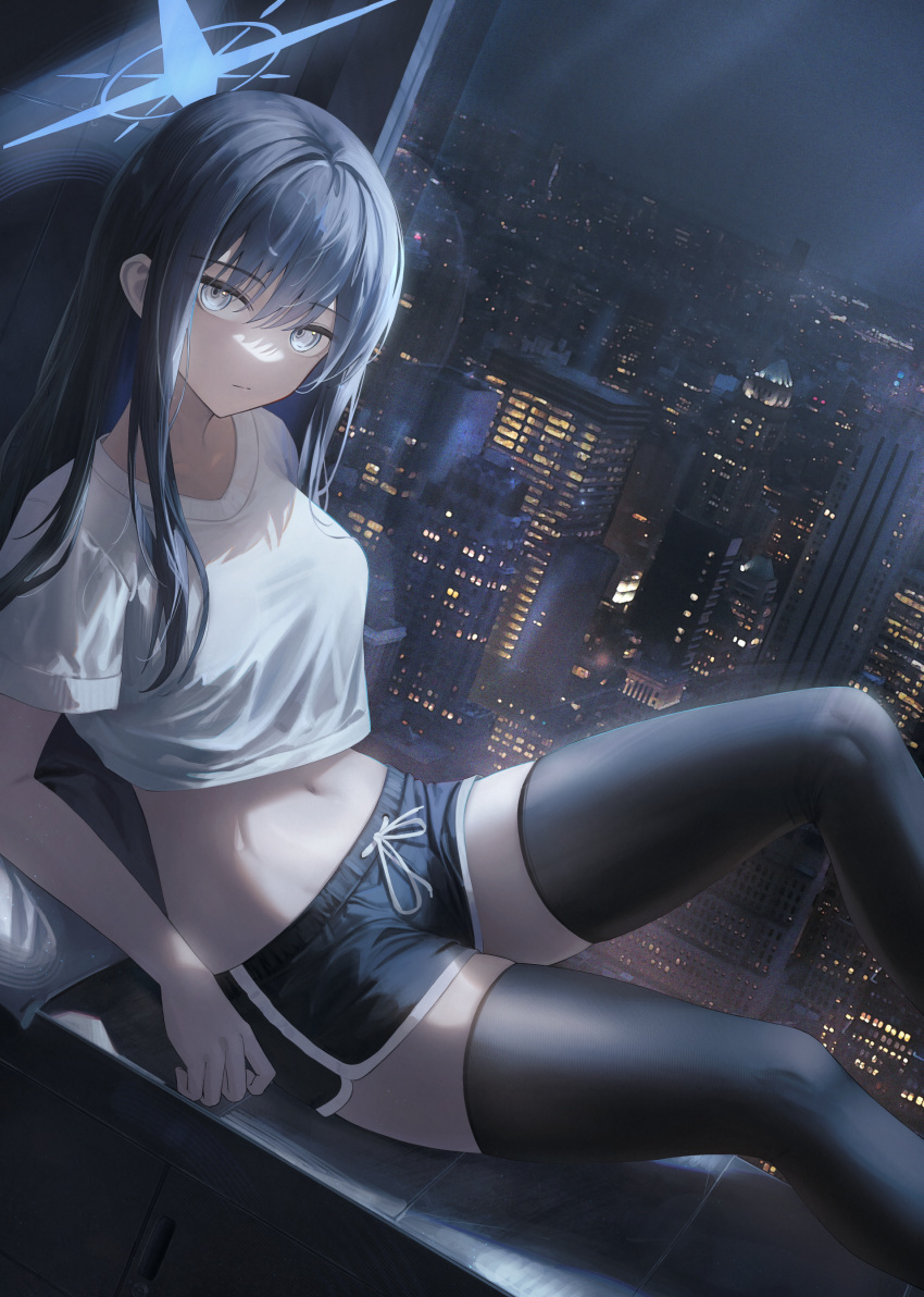 1girl absurdres black_hair black_shorts black_thighhighs blue_archive blue_eyes blue_halo breasts city_lights cityscape closed_mouth crop_top crop_top_overhang cropped_shirt dolphin_shorts drawstring dutch_angle expressionless flippy_(cripine111) grey_eyes hair_between_eyes halo highres knee_up long_hair looking_at_viewer lying medium_breasts midriff moonlight navel night night_sky on_back pillow reclining saori_(blue_archive) shirt short_shorts short_sleeves shorts sitting skindentation sky solo stomach thighhighs thighs white_shirt windowsill