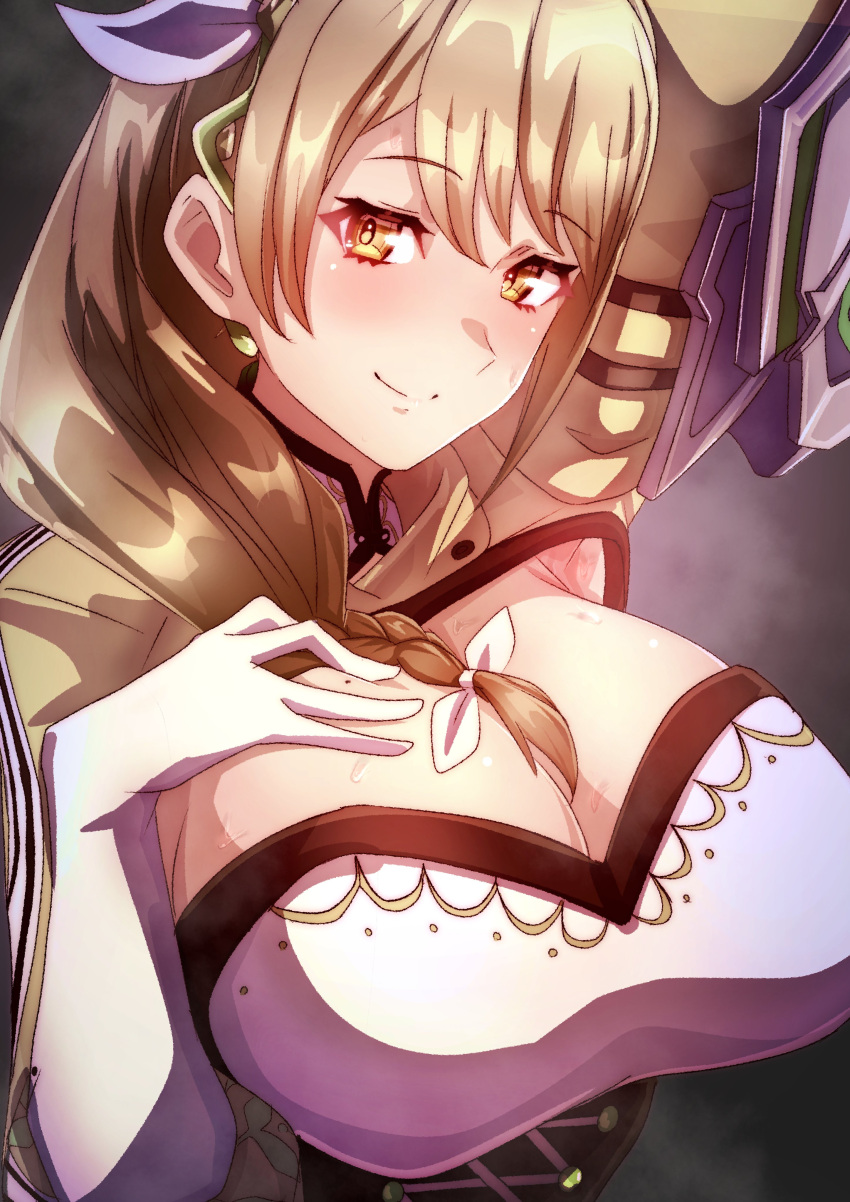 1girl absurdres black_corset braid braided_ponytail breast_focus breasts brown_hair corset dress elbow_gloves fire_emblem fire_emblem_engage flower flower_on_head folded_twintails gloves goldmary_(fire_emblem) highres hooded_top large_breasts low_ponytail mole mole_on_breast ribbon short_dress single_shoulder_pad solo to_(tototo_tk) white_flower white_gloves white_ribbon yellow_dress yellow_eyes