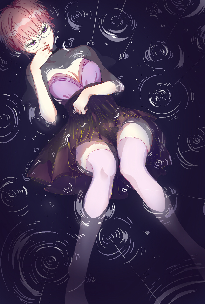 bare_shoulders choker cloastra dress finger_in_mouth genderswap genderswap_(mtf) glasses highres looking_at_viewer lying on_back partially_submerged pink_hair purple_dress purple_eyes rain ripples saiki_kusuko saiki_kusuo saiki_kusuo_no_psi_nan short_hair solo thighhighs water