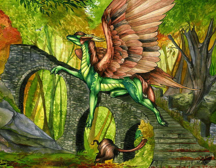 brown_feathers brown_hair claws day detailed_background dragon feathered_dragon feathered_wings feathers forest grass hair horn natoli outside smile solo traditional_media_(artwork) tree wings