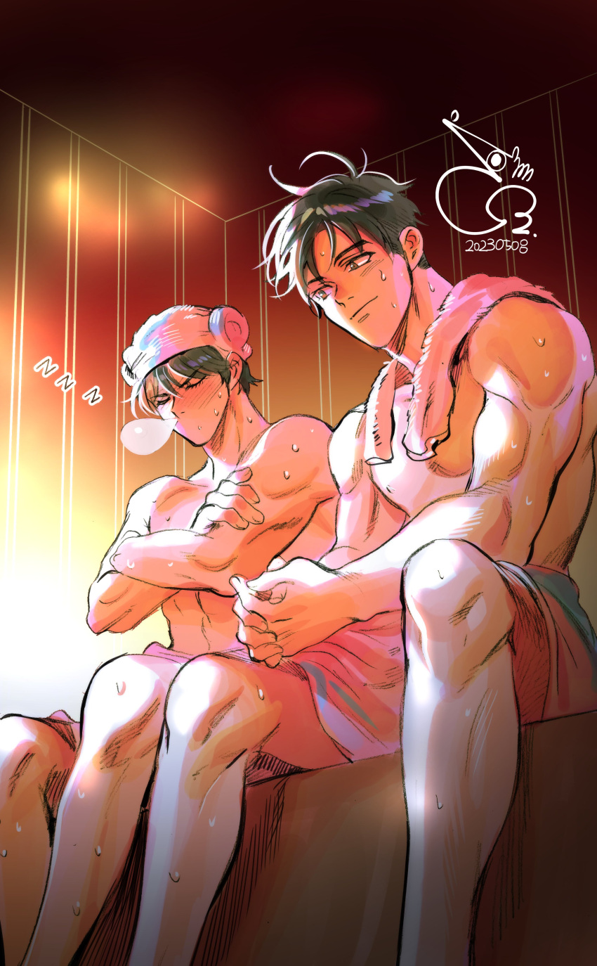 2boys absurdres alternate_hairstyle bae_(baebae) black_eyes black_hair crossed_arms feet_out_of_frame highres indoors looking_at_another male_focus multiple_boys muscular muscular_male naked_towel nose_bubble rukawa_kaede sauna sendou_akira short_hair sitting slam_dunk_(series) sleeping smile sweat towel towel_around_neck towel_around_waist towel_on_head wooden_wall zzz