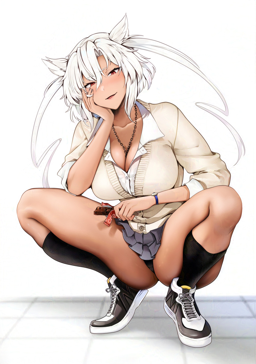 1girl absurdres black_panties black_skirt black_socks breasts cardigan cleavage collared_shirt commentary_request contemporary dark-skinned_female dark_skin elbow_on_thigh hair_between_eyes hair_flaps head_rest highres kantai_collection kneehighs large_breasts long_hair musashi_(kancolle) necklace_between_breasts open_mouth panties partially_unbuttoned red_eyes shirt skirt sleeves_rolled_up smile socks solo squatting thighs twintails two_side_up underwear white_background white_hair white_shirt yunamaro