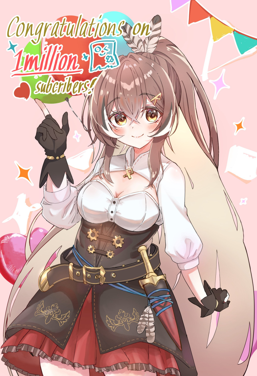 1girl absurdres ahoge balloon belt brown_corset brown_eyes brown_hair bunting cleavage_cutout clothing_cutout colored_inner_hair congratulations corset crossed_bangs dagger double-parted_bangs english_text feather_hair_ornament feathers friend_(nanashi_mumei) gloves hair_between_eyes hair_ornament hairclip hand_up heart_balloon highres hololive hololive_english knife long_hair looking_at_viewer multicolored_hair nanashi_mumei nanashi_mumei_(1st_costume) partially_fingerless_gloves pink_background pleated_skirt pointing pointing_up ponytail red_skirt selen_(sbjrlzekyt48001) shirt skirt smile sparkle streaked_hair typo upper_body very_long_hair virtual_youtuber weapon white_shirt