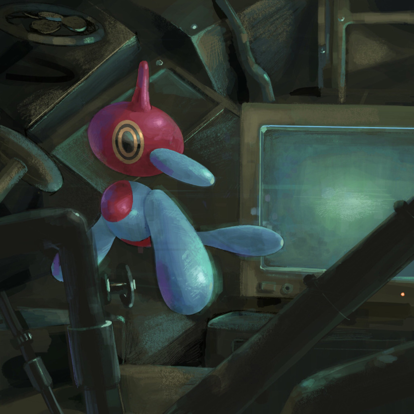 commentary_request computer crt disembodied_head floating highres indoors industrial_pipe no_humans pokemon pokemon_(creature) porygon-z ringed_eyes sakusakufugashi valve yellow_eyes