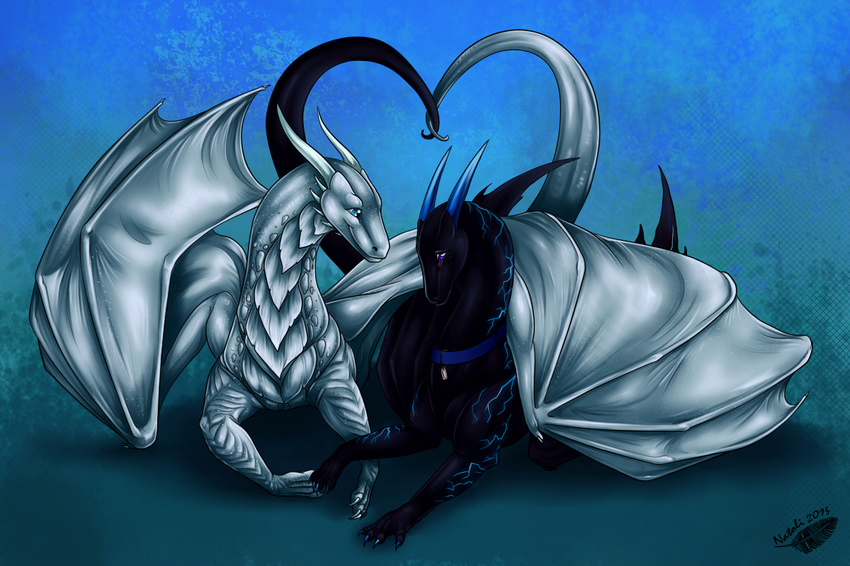 blue_background blue_eyes claws digital_media_(artwork) dragon duo feral horn lying membranous_wings natoli nude purple_eyes simple_background smile wings