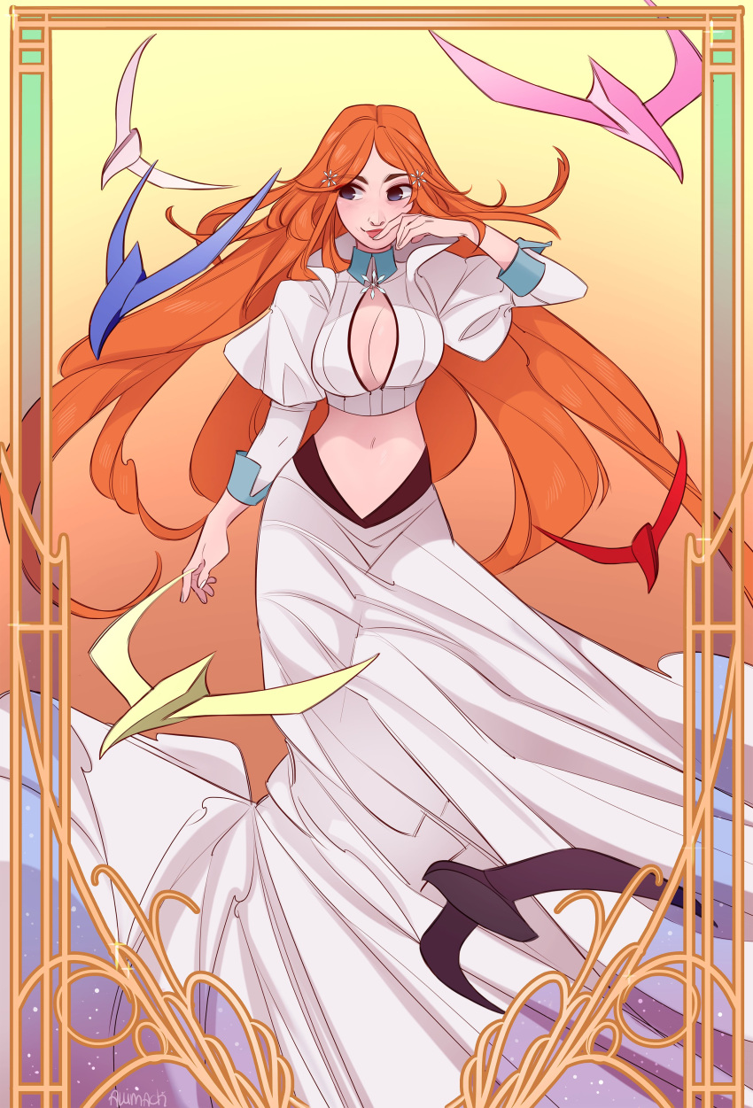 1girl absurdres art_deco bird bleach breasts cleavage cleavage_cutout clothing_cutout crop_top flower gradient_background grey_eyes hair_flower hair_ornament highres inoue_orihime juliet_sleeves large_breasts long_hair long_skirt long_sleeves looking_to_the_side midriff navel orange_hair parted_bangs puffy_sleeves shirt skirt skirtzzz smile solo wavy_hair white_shirt