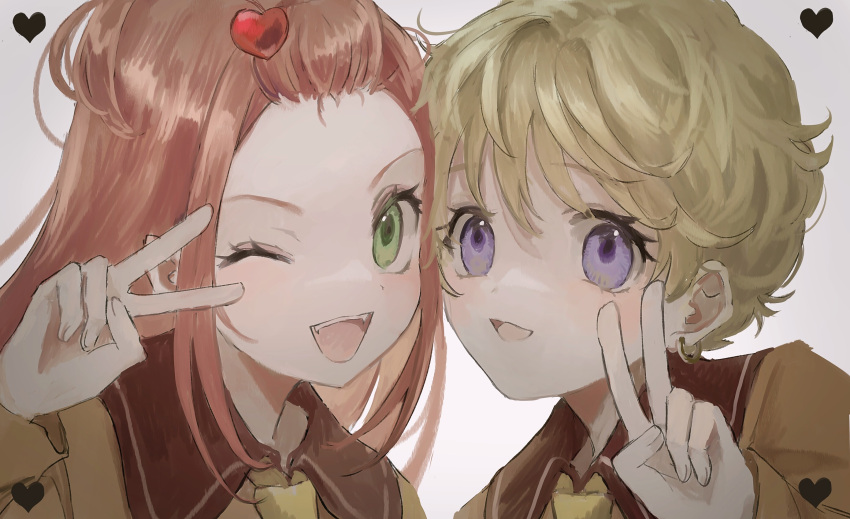 2girls blonde_hair chocolat_meilleure close-up commentary_request earrings fangs green_eyes hair_ornament heart heart_hair_ornament highres jewelry kumagai_yuka long_hair looking_at_viewer multiple_girls one_eye_closed orange_hair purple_eyes school_uniform short_hair simple_background smile sugar_sugar_rune v vanilla_mieux