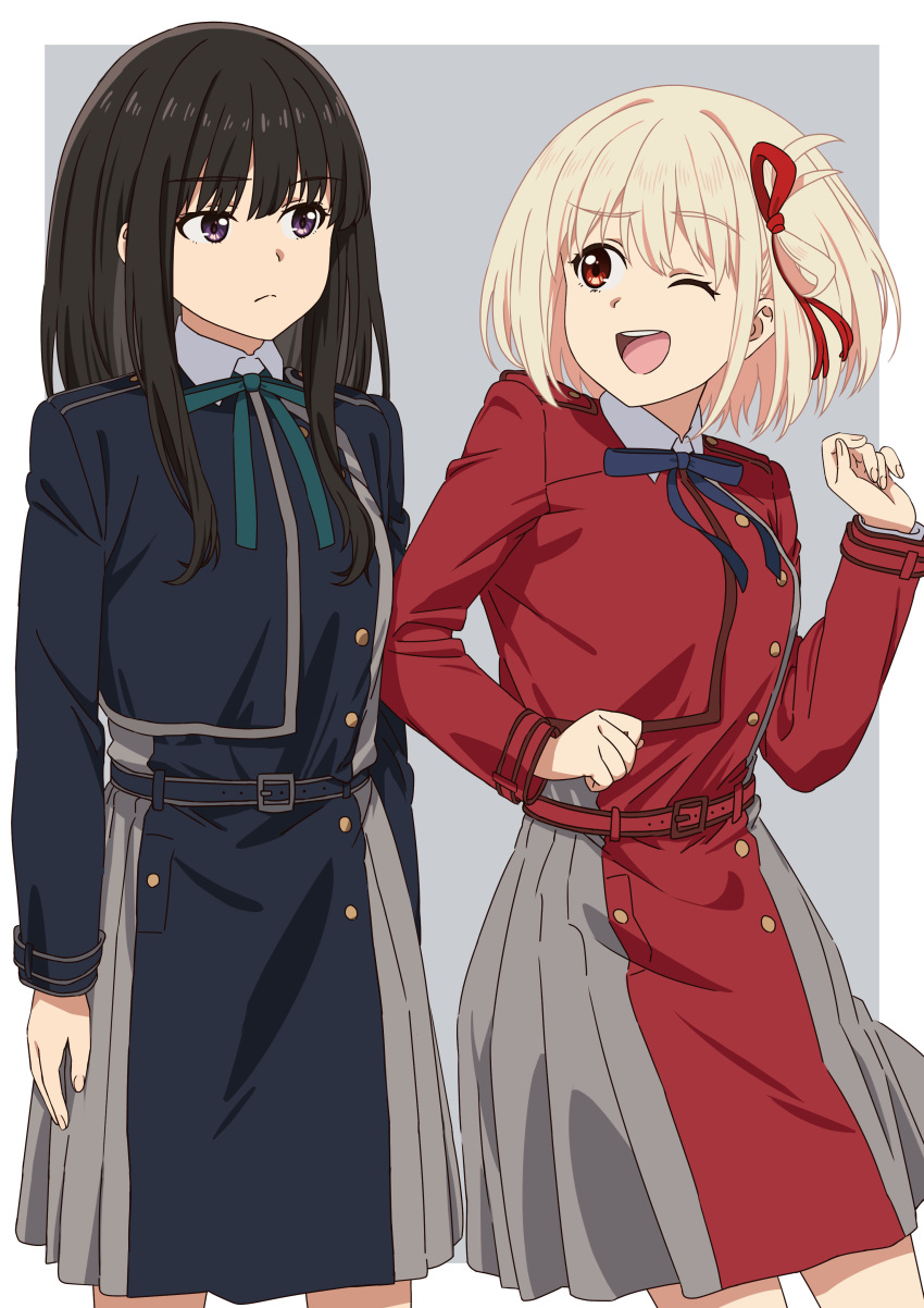 2girls ;d absurdres asada7101 black_hair blonde_hair blue_dress closed_mouth dress elbowing hair_ribbon highres inoue_takina long_hair long_sleeves looking_at_another lycoris_recoil lycoris_uniform medium_hair multiple_girls nishikigi_chisato one_eye_closed purple_eyes red_dress red_eyes ribbon simple_background smile