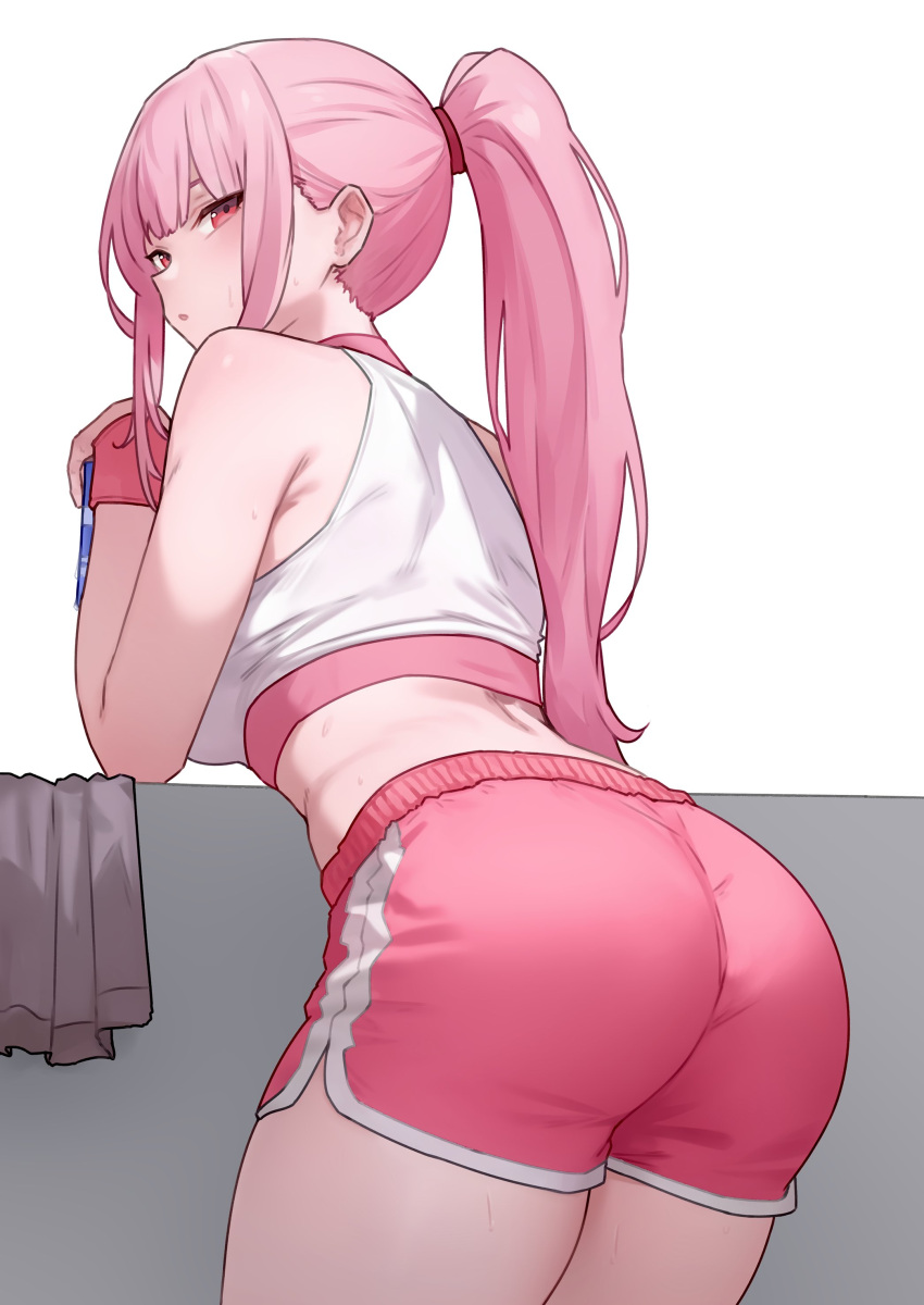 1girl absurdres ass ass_focus back bare_shoulders bent_over bluefield blunt_bangs blush breasts crop_top drink from_behind gym_shorts highres holding holding_drink hololive hololive_english huge_ass large_breasts leaning_on_object long_hair looking_at_viewer looking_back mori_calliope open_mouth pink_hair pink_shorts ponytail red_eyes shirt shorts sideboob sidelocks solo sports_bra sweat thick_thighs thighs towel virtual_youtuber white_shirt workout_clothes wristband