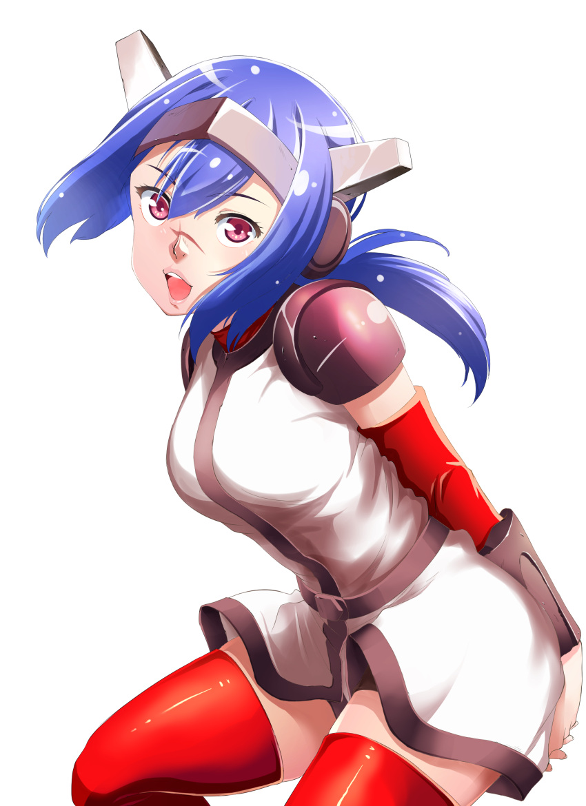 1girl absurdres armor blue_hair breasts crosscode detached_sleeves fuhainu hair_between_eyes headgear highres jacket large_breasts lea_(crosscode) lips looking_at_viewer open_mouth ponytail red_eyes red_sleeves red_thighhighs scar scar_on_face shoulder_armor simple_background solo tagme teeth thighhighs upper_teeth_only white_background