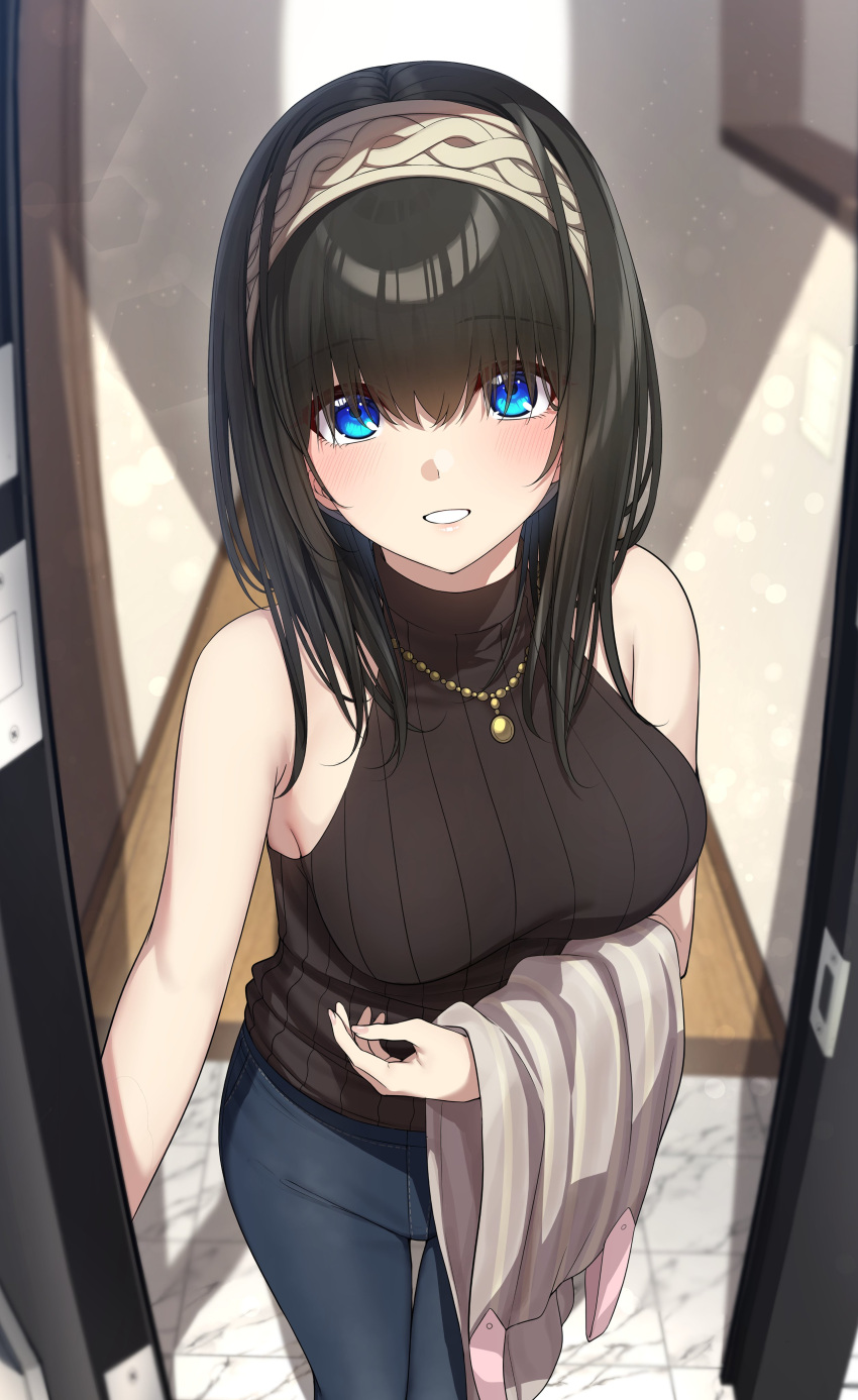 1girl absurdres bare_arms bare_shoulders black_hair black_sweater blue_eyes blush denim go-1 grey_hairband hairband highres idolmaster idolmaster_cinderella_girls jeans looking_at_viewer pants pov_doorway ribbed_sweater sagisawa_fumika sleeveless sleeveless_sweater solo sweater