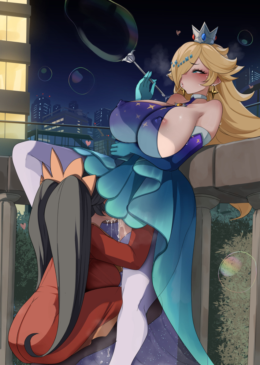 areola_slip aroused ashley_(warioware) black_hair blonde_hair breasts bubble bubble_blowing city commission cunnilingus dress elbow_gloves gloves hair_over_one_eye hairband highres huge_breasts leg_up mario_(series) mario_kart mario_kart_tour monobe_yuri night official_alternate_costume oral orange_hairband red_dress rosalina rosalina_(aurora) saliva saliva_trail skeb_commission squatting thighhighs tiara twintails warioware yuri