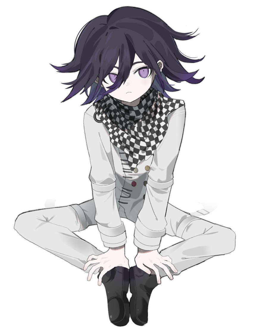 1boy black_footwear buttons checkered_clothes checkered_scarf danganronpa_(series) danganronpa_v3:_killing_harmony double-breasted frown grey_jacket grey_pants hair_between_eyes highres jacket jun_(lllllllllkatte) male_focus multicolored_hair oma_kokichi pants pink_eyes scarf solo two-tone_hair