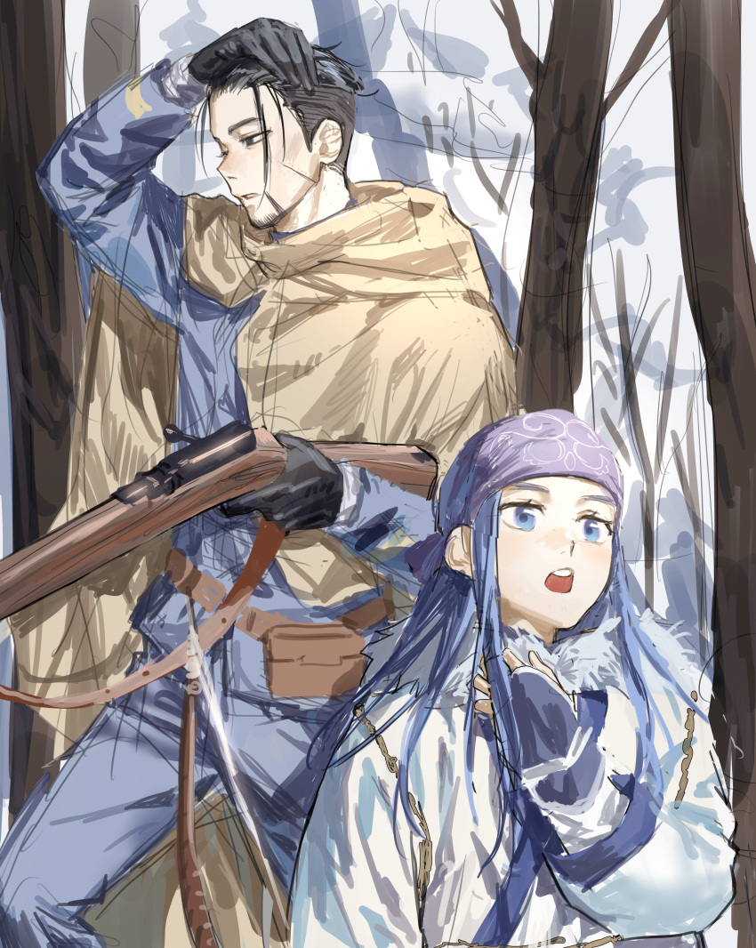 1boy 1girl absurdres asirpa black_gloves black_hair blue_eyes blue_hair cape chamuring child coat commentary_request gloves golden_kamuy hair_slicked_back hairband hand_in_own_hair highres holding holding_weapon hood hooded_cape korean_commentary long_hair loose_hair_strand ogata_hyakunosuke snow tree weapon