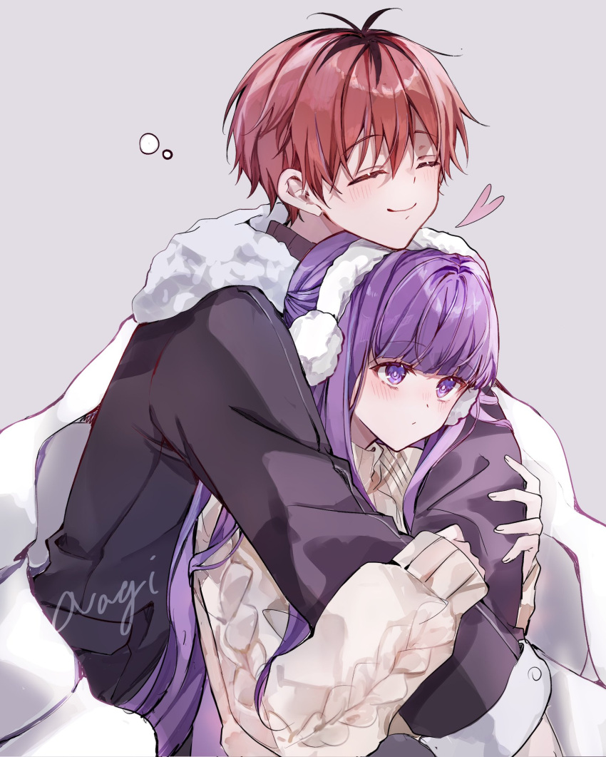 1boy 1girl black_jacket blanket blush closed_eyes earmuffs fern_(sousou_no_frieren) frieren grey_background heart highres hug hug_from_behind jacket long_hair nagihaha purple_eyes purple_hair red_hair short_hair signature simple_background smile sousou_no_frieren stark_(sousou_no_frieren) sweater upper_body white_sweater