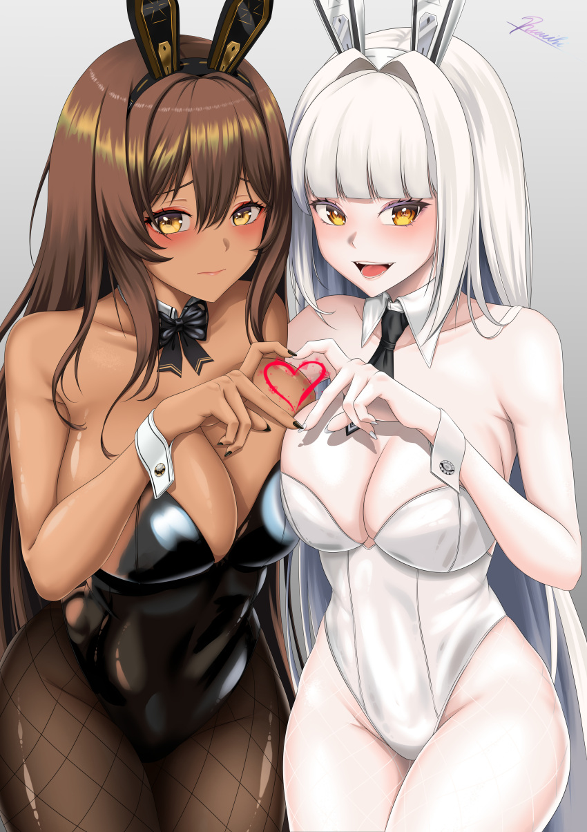 2girls 777_(nikke) :d absurdres animal_ears backless_leotard bare_shoulders black_bow black_bowtie black_leotard black_nails black_necktie blanc_(nikke) blunt_bangs blush bow bowtie breasts brown_hair cleavage closed_mouth collarbone commentary cowboy_shot dark-skinned_female dark_skin detached_collar fake_animal_ears fishnet_pantyhose fishnets goddess_of_victory:_nikke groin hair_between_eyes heart heart_hands heart_hands_duo highleg highleg_leotard highres large_breasts leotard long_hair looking_at_viewer medium_breasts multiple_girls necktie noir_(nikke) open_mouth pantyhose playboy_bunny rabbit_ears ramiki_(ramesgoag) siblings sidelocks signature simple_background sisters smile standing strapless strapless_leotard teeth thong_leotard twins very_long_hair white_hair white_leotard white_nails wrist_cuffs yellow_eyes