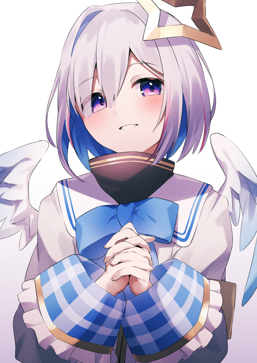 1girl amane_kanata amane_kanata_(1st_costume) angel angel_wings black_dress blue_hair blush colored_inner_hair dress fragir grey_hair grey_jacket halo highres hololive jacket looking_at_viewer multicolored_hair own_hands_together purple_eyes short_hair smile solo star_halo turtleneck_dress virtual_youtuber white_background wings