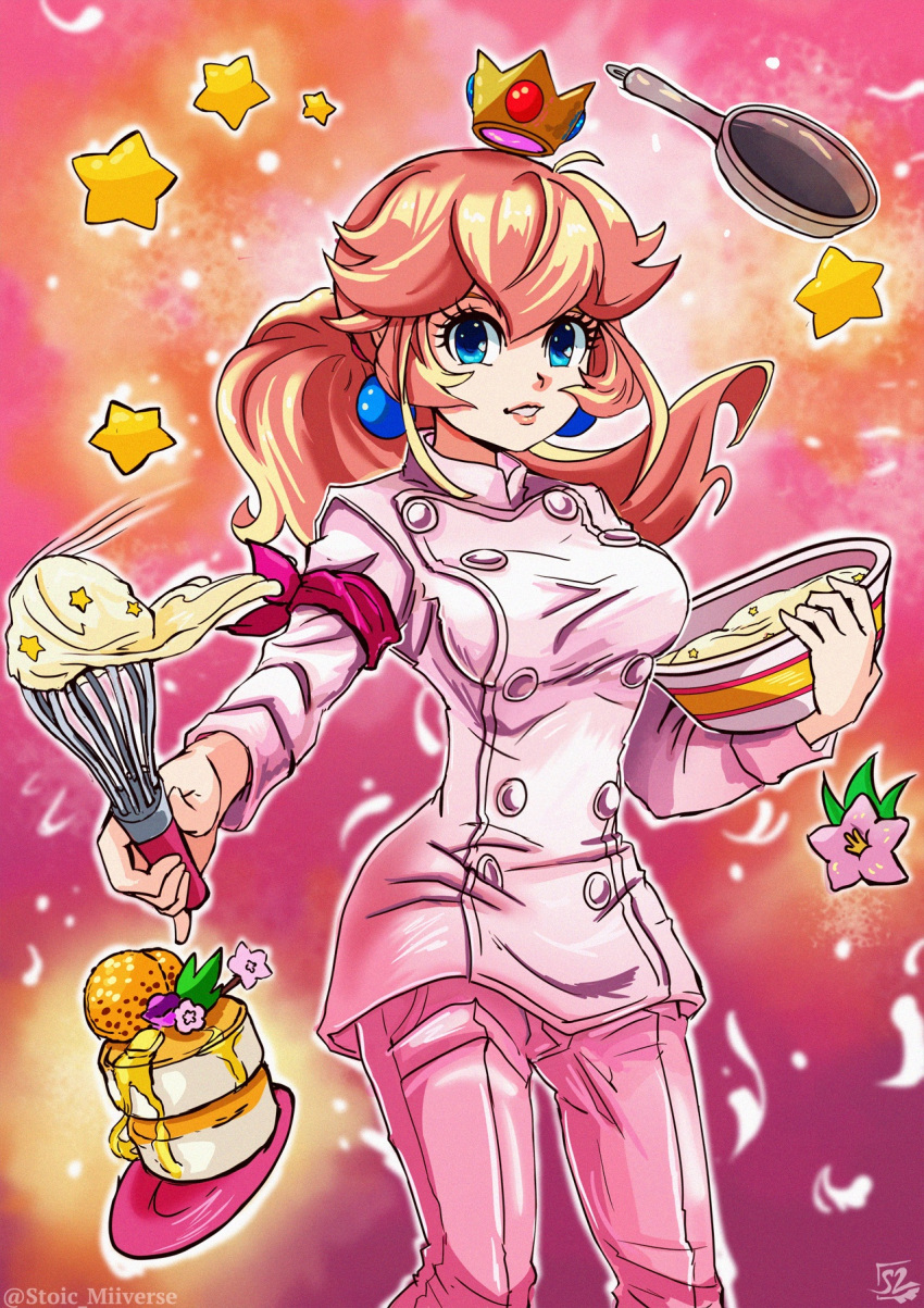 alternate_costume arm_ribbon aura blonde_hair bowl breasts buttons cake chef cooking cosplay crossover crown earrings flower food frying_pan glowing glowing_food green_eyes highres holding holding_bowl jewelry long_hair looking_at_viewer mario_(series) mixer_(cooking) nakiri_erina nakiri_erina_(cosplay) nintendo pants plate possessed princess_peach red_ribbon ribbon shokugeki_no_souma spirit spirit_(super_smash_bros.) star_(symbol) stoic_seraphim super_mario_bros._1 super_smash_bros. white_pants