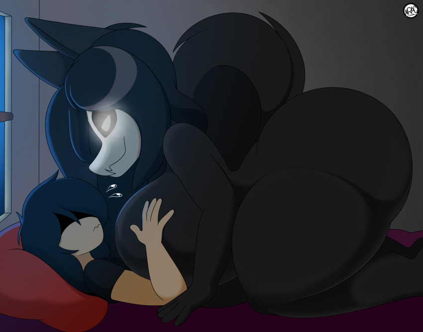 2024 absurd_res ambiguous_gender anthro bed bedroom_eyes big_breasts big_butt black_body black_fur bone breasts butt canid curvy_figure digital_media_(artwork) duo female female/ambiguous fur furniture glowing glowing_eyes hand_on_breast hi_res huge_breasts huge_butt human human_on_anthro interspecies larger_anthro larger_female mal0 mammal narrowed_eyes nervous night nr_ac pillow pinned_to_bed scp-1471 scp-1471-a scp_foundation seductive size_difference skull skull_head smaller_ambiguous smaller_human smile sweatdrop_(iconography) tail thick_thighs voluptuous window