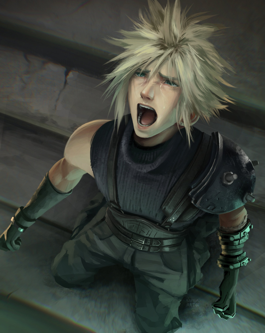 1boy absurdres armor baggy_pants belt black_gloves blonde_hair blue_eyes clenched_hands cloud_strife commentary earrings final_fantasy final_fantasy_vii final_fantasy_vii_rebirth final_fantasy_vii_remake from_above gloves highres jewelry looking_up male_focus multiple_belts open_mouth pants ribbed_sweater safaiaart screaming short_hair shoulder_armor single_bare_shoulder sleeveless sleeveless_turtleneck solo spiked_hair stud_earrings suspenders sweater tears turtleneck turtleneck_sweater