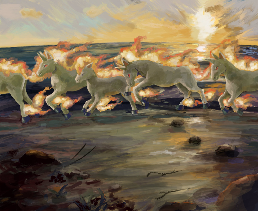 absurdres beach blue_sky commentary english_commentary fiery_hair highres horizon horse multicolored_sky no_humans ocean orange_sky outdoors pokemon pokemon_(creature) ponyta rapidash rock sakusakufugashi scenery sky stick sunset unicorn wide_shot