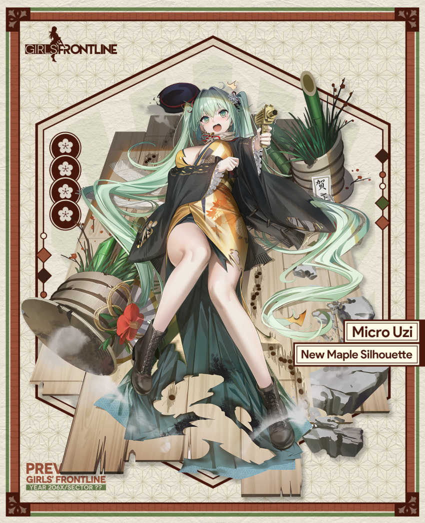 1girl @_@ ^^^ aiming aiming_at_viewer bamboo black_haori black_headwear blush boots breasts broken brown_footwear bullet_hole character_name cleavage commentary copyright_name cross-laced_footwear english_commentary floral_print_kimono flower full_body girls'_frontline green_eyes green_hair gun hair_between_eyes hair_ribbon hat highres holding holding_gun holding_weapon japanese_clothes kadomatsu kimono lace-up_boots large_breasts long_hair long_sleeves looking_at_viewer lying micro_uzi micro_uzi_(girls'_frontline) micro_uzi_(new_maple_silhouette)_(girls'_frontline) no_socks obi official_alternate_costume official_art on_back on_floor open_mouth red_flower red_ribbon renlili ribbon rubble sash scarf second-party_source smoke solo torn_clothes torn_kimono translation_request trembling twintails unworn_hat unworn_headwear v-shaped_eyebrows very_long_hair weapon white_scarf wooden_floor yellow_kimono yellow_sash