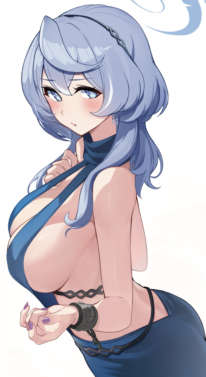 1girl absurdres ako_(blue_archive) ako_(dress)_(blue_archive) blue_archive blue_dress blue_eyes blue_hair blue_halo blush breasts cleavage dress halo hashtag_only_commentary highres long_hair looking_at_viewer open_mouth purple_nails rikiddo_(tise_00) sideboob simple_background solo standing white_background