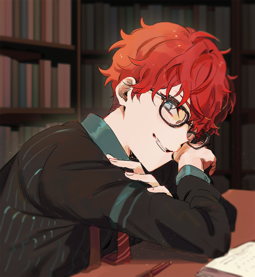 1boy black-framed_eyewear blue_eyes blush bookshelf commentary_request crossed_arms dated_commentary ensemble_stars! from_side glasses grin highres indoors library looking_at_viewer male_focus mayuakakun red_hair short_hair smile solo table undercut upper_body wooden_table yuuki_makoto_(ensemble_stars!)