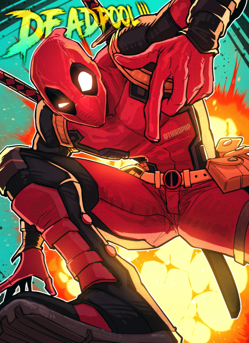 1boy absurdres belt belt_pouch black_footwear blue_background bodysuit boots character_name deadpool deadpool_(movie) dutch_angle explosion facing_viewer film_grain foot_out_of_frame glowing glowing_eyes highres jumping katana knee_pads knee_up leaning_forward male_focus mask open_hand outline pointing pointing_down pouch red_bodysuit sheath sheathed shin_guards shoe_soles solo strap superhero sword sword_on_back thirdphp twitter_username two-tone_bodysuit uneven_eyes unmoving_pattern utility_belt weapon weapon_on_back western_comics_(style) white_outline zentai