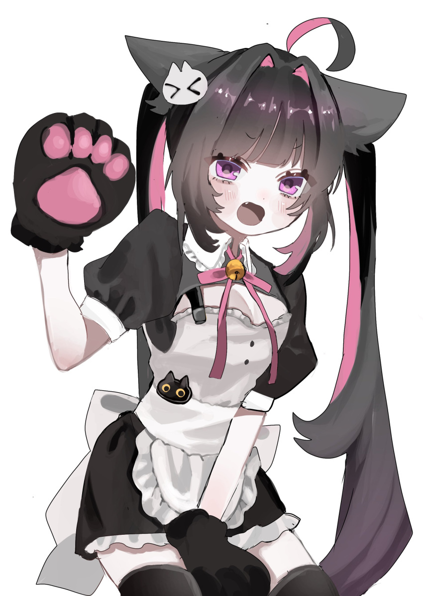 1girl absurdres ahoge animal_ears animal_hands apron back_bow bell black_dress blunt_bangs blush bow breasts brown_hair cat_ears cat_hair_ornament cleavage_cutout clothing_cutout commentary cowboy_shot dress fang frilled_apron frills gloves grey_background hair_intakes hair_ornament hanataro_(sruvhqkehy1zied) hand_up highres long_hair looking_at_viewer maid maid_apron medium_breasts multicolored_hair neck_bell neck_ribbon open_mouth original paw_gloves pink_eyes pink_hair pink_ribbon puffy_short_sleeves puffy_sleeves ribbon short_dress short_sleeves sidelocks simple_background solo twintails very_long_hair white_apron white_bow