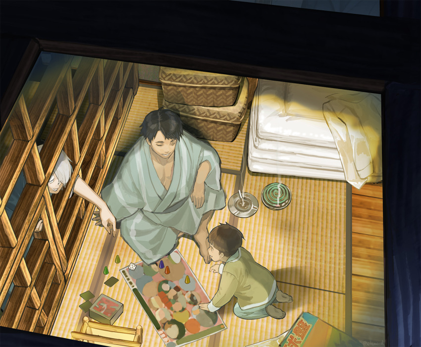 3boys basket bath_yukata board_game brown_hair child dice edo_mond_(edoedoedomond) from_above futon gegege_no_kitarou grin highres incense incense_burner japanese_clothes kimono kitarou_tanjou:_gegege_no_nazo male_focus medama_oyaji medama_oyaji_(human) mizuki_(gegege_no_kitarou) multiple_boys pajamas scar scar_on_face smile socks tatami tokiya_(gegege_no_kitarou) yukata