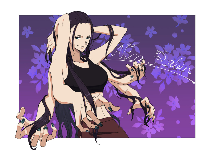 1girl arm_behind_head black_hair blue_nails border character_name enaka67 extra_arms flower gradient_background highres light_smile long_hair looking_at_viewer nico_robin one_piece purple_background solo sports_bra upper_body white_border