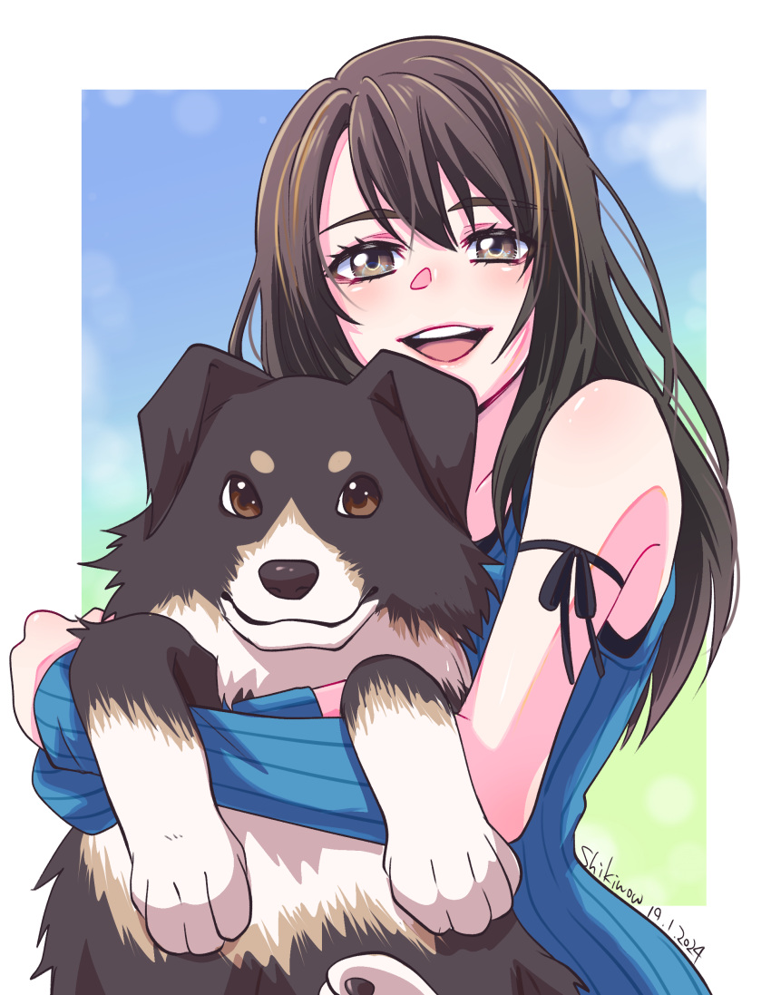 2girls absurdres angelo_(ff8) arm_ribbon arm_warmers artist_name bare_shoulders black_hair black_ribbon black_shirt blue_cardigan blurry blurry_background border brown_eyes brown_hair cardigan dated dog final_fantasy final_fantasy_viii hair_between_eyes highres hug light_blush long_hair looking_at_viewer multicolored_hair multiple_girls open_mouth ribbon rinoa_heartilly shikiwo shirt sleeveless sleeveless_shirt smile streaked_hair upper_body white_border