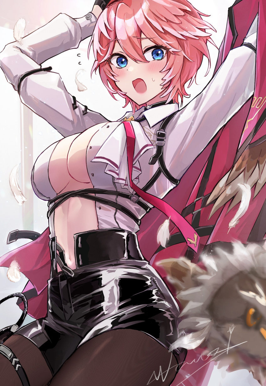 1girl :o arm_belt arms_up belt bird black_belt black_pantyhose black_shorts blouse blue_eyes blush breasts chest_belt cleavage cloak feathered_wings feathers ganmo_(takane_lui) hair_wings highres hololive leather_shorts navel necktie owl pantyhose pink_hair red_cloak red_tie shirt short_hair shorts surprised takane_lui takane_lui_(1st_costume) unbuttoned unbuttoned_shirt virtual_youtuber wano_(azayakam) white_shirt wings