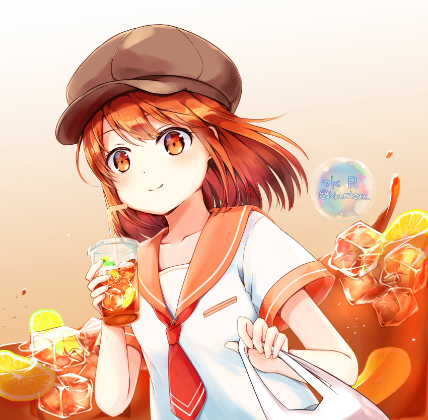 1girl abc_cherry bag blush bubble cup drink food fruit hat highres holding holding_bag holding_cup holding_drink ice ice_cube lemon lemon_slice long_hair necktie orange_eyes orange_hair original plastic_bag school_uniform serafuku short_sleeves smile solo upper_body