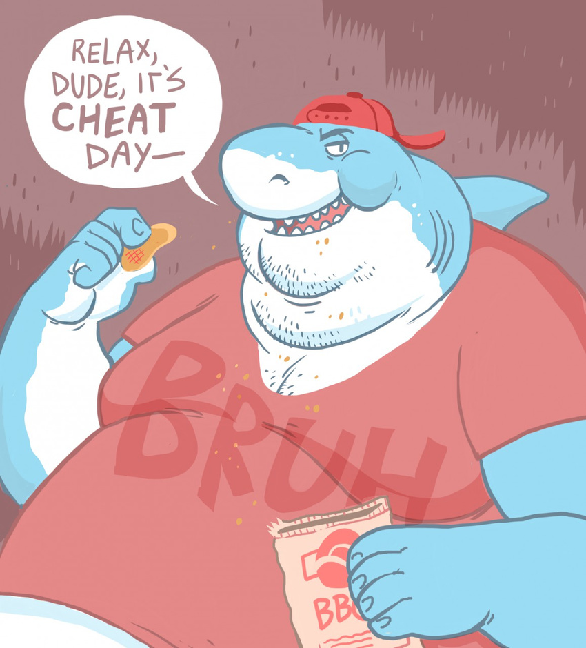 chips_(disambiguation) clothed clothing crumbs dialogue dramamine eating facial_hair fish food hat looking_at_viewer marine obese open_mouth overweight shark shirt